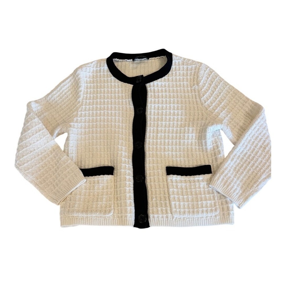 Ann Taylor Women L Cream Black Waffle Knit Button Front Cardigan Sweater - Picture 7 of 9